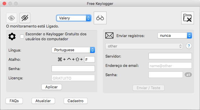 Página de Configuração do Keylogger Gratuito para Mac